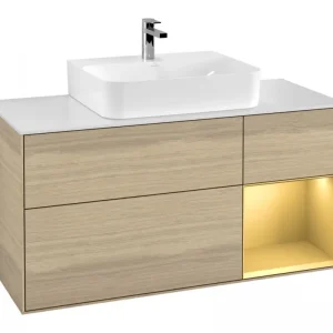 Abverkauf Villeroy & Boch Finion Waschbeckenunterschrank für Becken mittig Regal rechts für Finion / Memento 2.0 3 Auszüge mit Beleuchtung (3x LED) 1200 x 603 x 501 mm - Oak Veneer / Gold Matt Lacquer / Glass White Matt