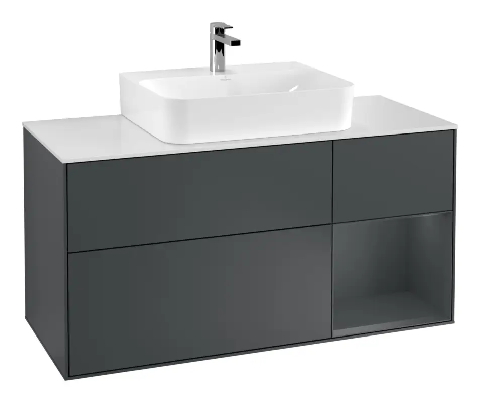 Villeroy & Boch Finion Waschbeckenunterschrank für Becken mittig Regal rechts für Finion / Memento 2.0 3 Auszüge mit Beleuchtung (3x LED) 1200 x 603 x 501 mm - Midnight Blue Matt Lacquer / Glass White Matt Mega-Angebot