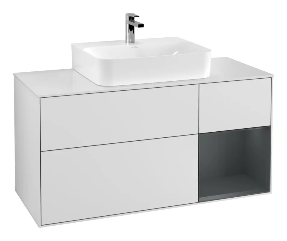 Top-Preis Villeroy & Boch Finion Waschbeckenunterschrank für Becken mittig Regal rechts für Finion / Memento 2.0 3 Auszüge mit Beleuchtung (3x LED) 1200 x 603 x 501 mm - White Matt Lacquer / Midnight Blue Matt Lacquer / Glass White Matt