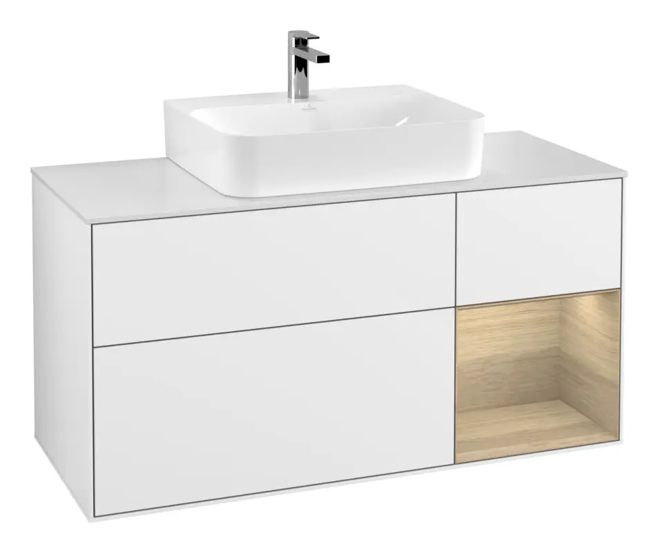 Villeroy & Boch Finion Waschbeckenunterschrank für Becken mittig Regal rechts für Finion / Memento 2.0 3 Auszüge mit Beleuchtung (3x LED) 1200 x 603 x 501 mm - Glossy White Lacquer / Oak Veneer / Glass White Matt Solange Der Vorrat Reicht