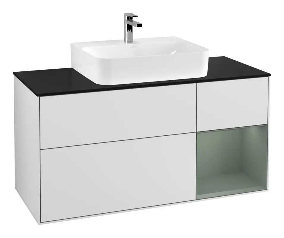 Abverkauf Villeroy & Boch Finion Waschbeckenunterschrank für Becken mittig Regal rechts für Finion / Memento 2.0 3 Auszüge mit Beleuchtung (3x LED) 1200 x 603 x 501 mm - White Matt Lacquer / Olive Matt Lacquer / Glass Black Matt