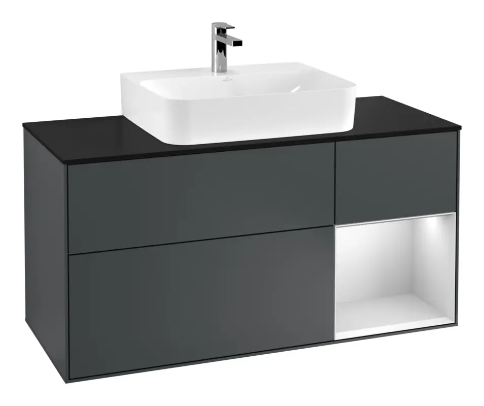 Rabatt Villeroy & Boch Finion Waschbeckenunterschrank für Becken mittig Regal rechts für Finion / Memento 2.0 3 Auszüge mit Beleuchtung (3x LED) 1200 x 603 x 501 mm - Midnight Blue Matt Lacquer / White Matt Lacquer / Glass Black Matt