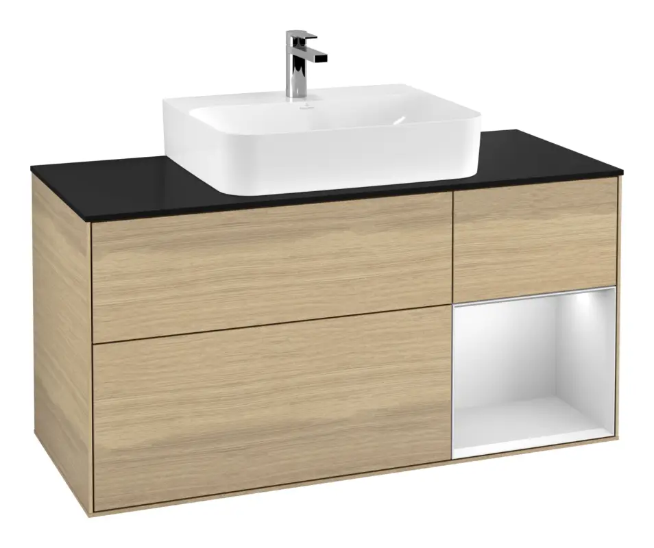 Heißes Angebot Villeroy & Boch Finion Waschbeckenunterschrank für Becken mittig Regal rechts für Finion / Memento 2.0 3 Auszüge mit Beleuchtung (3x LED) 1200 x 603 x 501 mm - Oak Veneer / White Matt Lacquer / Glass Black Matt
