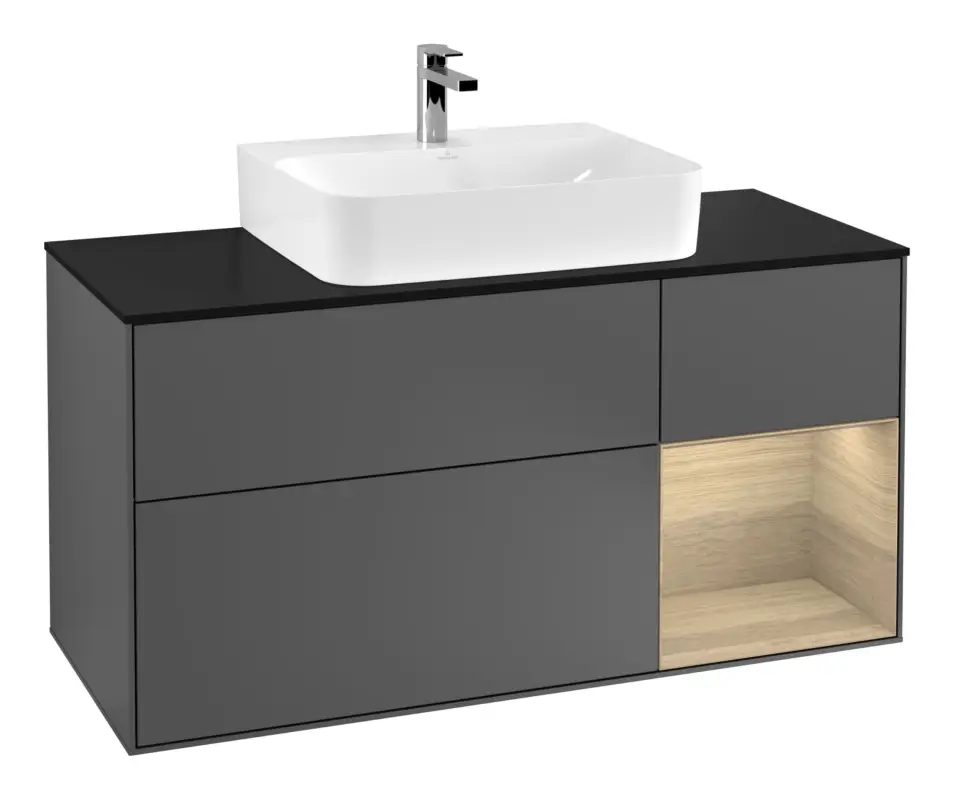 Villeroy & Boch Finion Waschbeckenunterschrank für Becken mittig Regal rechts für Finion / Memento 2.0 3 Auszüge mit Beleuchtung (3x LED) 1200 x 603 x 501 mm - Anthracite Matt Lacquer / Oak Veneer / Glass Black Matt Markenprodukt