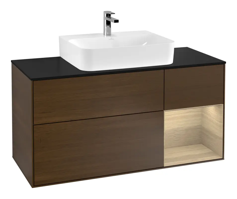 Villeroy & Boch Finion Waschbeckenunterschrank für Becken mittig Regal rechts für Finion / Memento 2.0 3 Auszüge mit Beleuchtung (3x LED) 1200 x 603 x 501 mm - Walnut Veneer / Oak Veneer / Glass Black Matt Top-Angebot