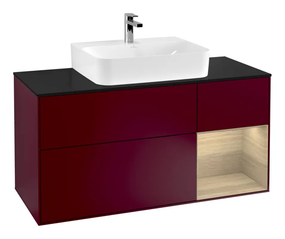Villeroy & Boch Finion Waschbeckenunterschrank für Becken mittig Regal rechts für Finion / Memento 2.0 3 Auszüge mit Beleuchtung (3x LED) 1200 x 603 x 501 mm - Peony Matt Lacquer / Oak Veneer / Glass Black Matt Direkt Vom Hersteller