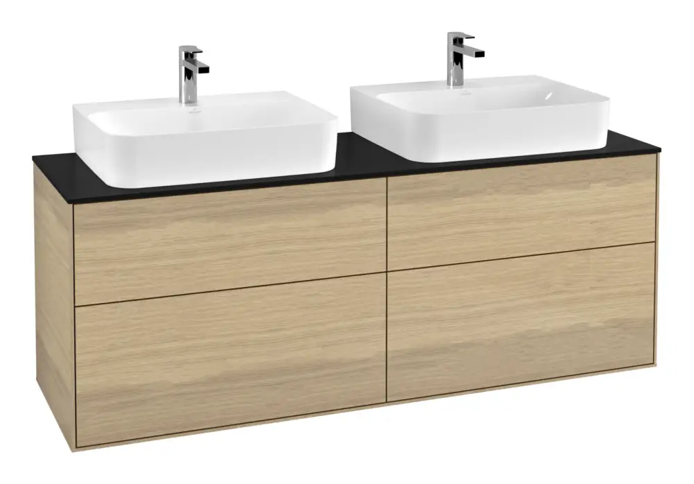 Villeroy & Boch Finion Waschbeckenunterschrank für 2 Becken für Finion / Memento 2.0 4 Auszüge mit Beleuchtung (2x LED) 1600 x 603 x 501 mm - Oak Veneer / Glass Black Matt Aktuell