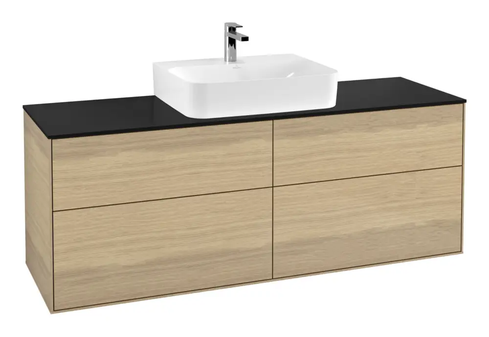 Aktuell Villeroy & Boch Finion Waschbeckenunterschrank für Becken mittig für Finion / Memento 2.0 4 Auszüge mit Beleuchtung (2x LED) 1600 x 603 x 501 mm - Oak Veneer / Glass Black Matt