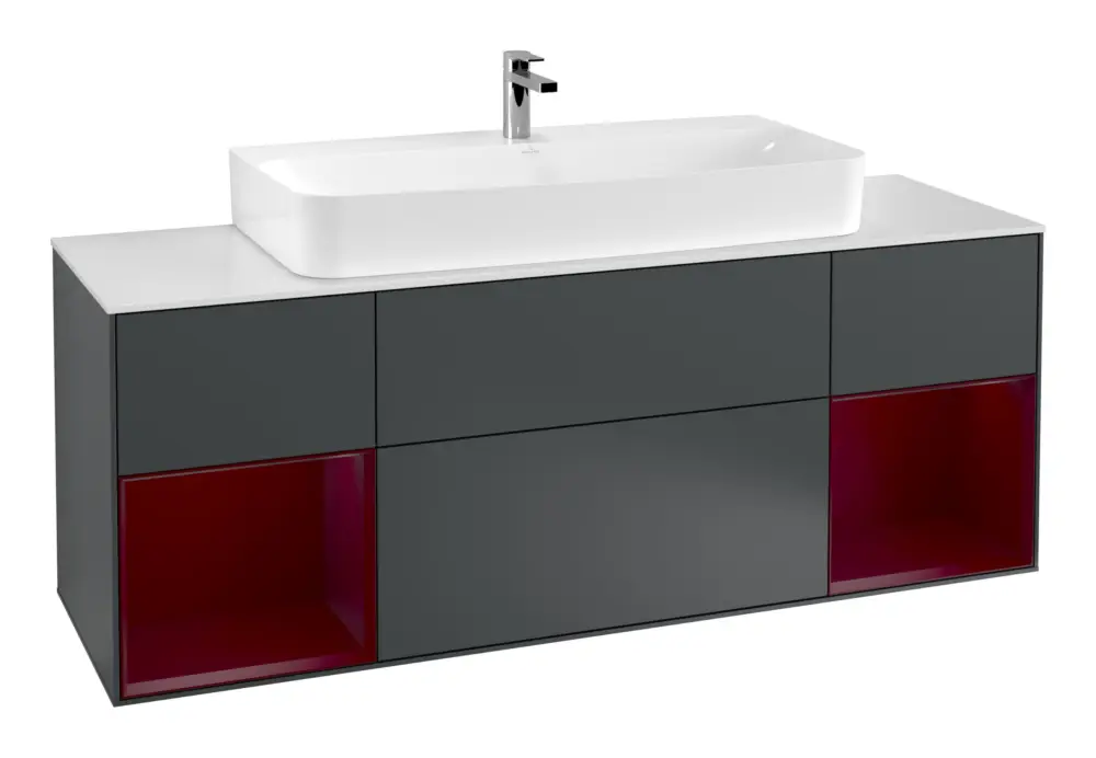 Direkt Vom Hersteller Villeroy & Boch Finion Waschbeckenunterschrank für Becken mittig Regal links/rechts für Finion / Memento 2.0 4 Auszüge mit Beleuchtung (4x LED) 1600 x 603 x 501 mm - Midnight Blue Matt Lacquer / Peony Matt Lacquer / Glass White Matt