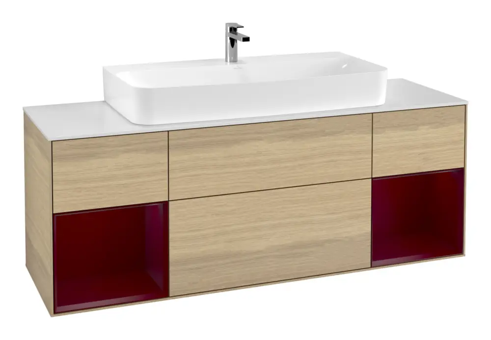 Schneller Versand Villeroy & Boch Finion Waschbeckenunterschrank für Becken mittig Regal links/rechts für Finion / Memento 2.0 4 Auszüge mit Beleuchtung (4x LED) 1600 x 603 x 501 mm - Oak Veneer / Peony Matt Lacquer / Glass White Matt