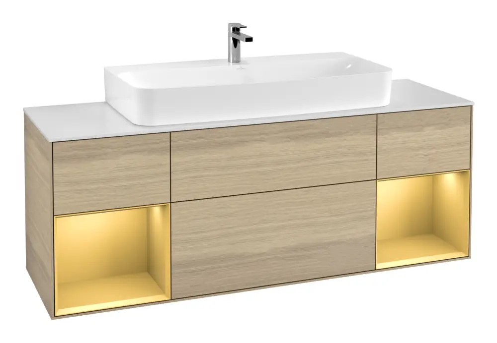 Jetzt Bestellen Villeroy & Boch Finion Waschbeckenunterschrank für Becken mittig Regal links/rechts für Finion / Memento 2.0 4 Auszüge mit Beleuchtung (4x LED) 1600 x 603 x 501 mm - Oak Veneer / Gold Matt Lacquer / Glass White Matt