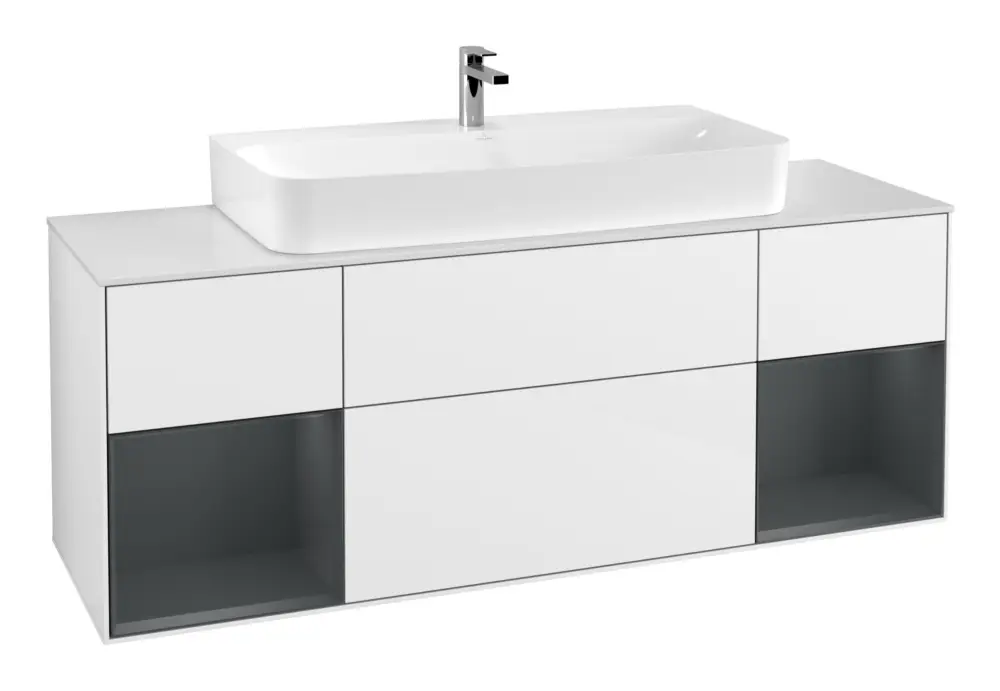 Villeroy & Boch Finion Waschbeckenunterschrank für Becken mittig Regal links/rechts für Finion / Memento 2.0 4 Auszüge mit Beleuchtung (4x LED) 1600 x 603 x 501 mm - Glossy White Lacquer / Midnight Blue Matt Lacquer / Glass White Matt Ausverkauf