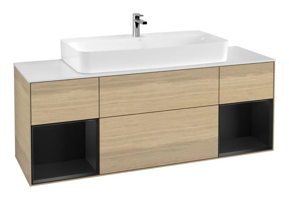 Villeroy & Boch Finion Waschbeckenunterschrank für Becken mittig Regal links/rechts für Finion / Memento 2.0 4 Auszüge mit Beleuchtung (4x LED) 1600 x 603 x 501 mm - Oak Veneer / Black Matt Lacquer / Glass White Matt Online Kaufen