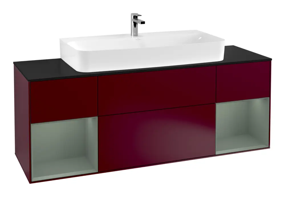 Villeroy & Boch Finion Waschbeckenunterschrank für Becken mittig Regal links/rechts für Finion / Memento 2.0 4 Auszüge mit Beleuchtung (4x LED) 1600 x 603 x 501 mm - Peony Matt Lacquer / Olive Matt Lacquer / Glass Black Matt Markenware