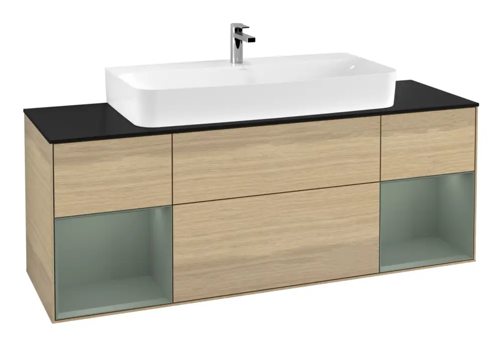 Saisonangebot Villeroy & Boch Finion Waschbeckenunterschrank für Becken mittig Regal links/rechts für Finion / Memento 2.0 4 Auszüge mit Beleuchtung (4x LED) 1600 x 603 x 501 mm - Oak Veneer / Olive Matt Lacquer / Glass Black Matt