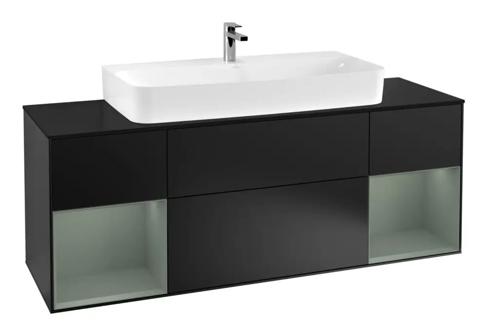 Online Kaufen Villeroy & Boch Finion Waschbeckenunterschrank für Becken mittig Regal links/rechts für Finion / Memento 2.0 4 Auszüge mit Beleuchtung (4x LED) 1600 x 603 x 501 mm - Black Matt Lacquer / Olive Matt Lacquer / Glass Black Matt