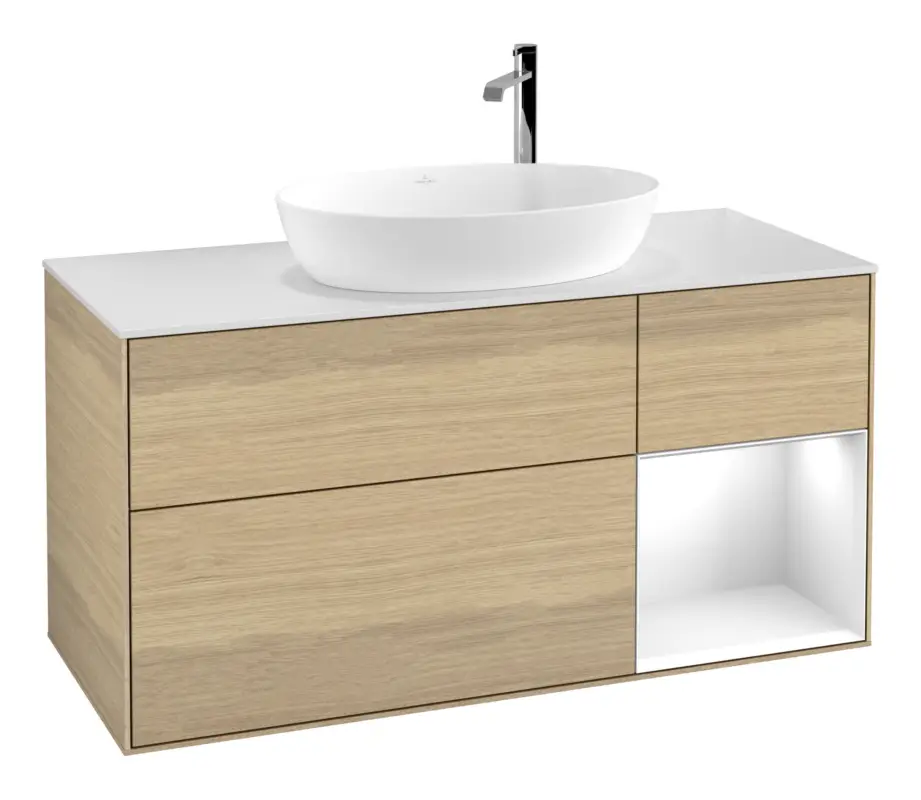 Villeroy & Boch Finion Waschbeckenunterschrank für Becken mittig Regal rechts für Artis / Collaro rund 3 Auszüge mit Beleuchtung (1x LED) 1200 x 603 x 501 mm - Oak Veneer / Glossy White Lacquer / Glass White Matt Kracherpreis