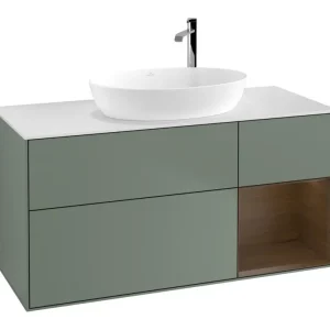 Zertifiziert Villeroy & Boch Finion Waschbeckenunterschrank für Becken mittig Regal rechts für Artis / Collaro rund 3 Auszüge mit Beleuchtung (1x LED) 1200 x 603 x 501 mm - Olive Matt Lacquer / Walnut Veneer / Glass White Matt