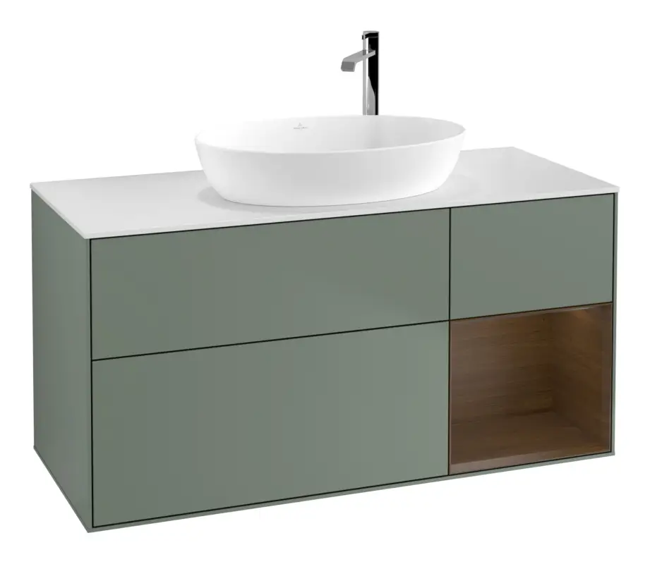 Zertifiziert Villeroy & Boch Finion Waschbeckenunterschrank für Becken mittig Regal rechts für Artis / Collaro rund 3 Auszüge mit Beleuchtung (1x LED) 1200 x 603 x 501 mm - Olive Matt Lacquer / Walnut Veneer / Glass White Matt