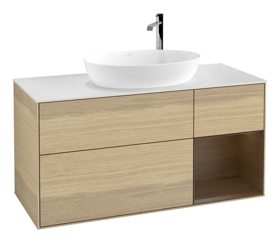 Online Kaufen Villeroy & Boch Finion Waschbeckenunterschrank für Becken mittig Regal rechts für Artis / Collaro rund 3 Auszüge mit Beleuchtung (1x LED) 1200 x 603 x 501 mm - Oak Veneer / Walnut Veneer / Glass White Matt
