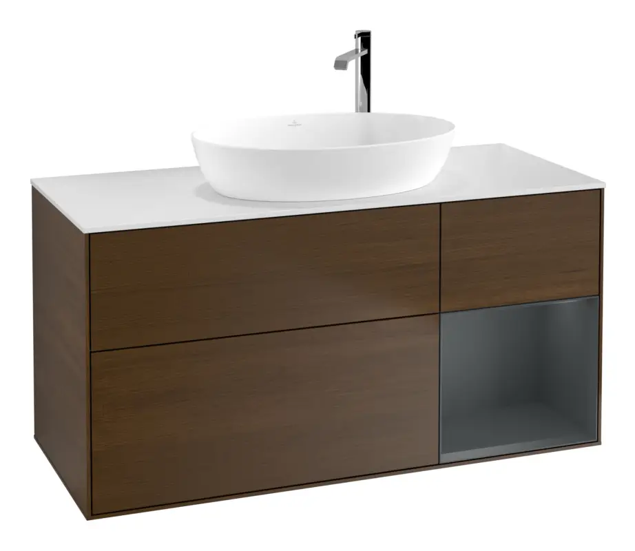 Expressversand Villeroy & Boch Finion Waschbeckenunterschrank für Becken mittig Regal rechts für Artis / Collaro rund 3 Auszüge mit Beleuchtung (1x LED) 1200 x 603 x 501 mm - Walnut Veneer / Midnight Blue Matt Lacquer / Glass White Matt