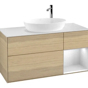 Wochenendangebot Villeroy & Boch Finion Waschbeckenunterschrank für Becken mittig Regal rechts für Artis / Collaro rund 3 Auszüge mit Beleuchtung (1x LED) 1200 x 603 x 501 mm - Oak Veneer / White Matt Lacquer / Glass White Matt