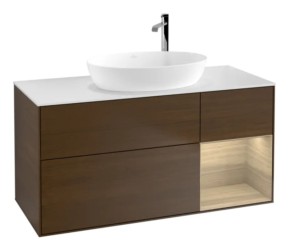 Villeroy & Boch Finion Waschbeckenunterschrank für Becken mittig Regal rechts für Artis / Collaro rund 3 Auszüge mit Beleuchtung (1x LED) 1200 x 603 x 501 mm - Walnut Veneer / Oak Veneer / Glass White Matt Sichere Zahlung