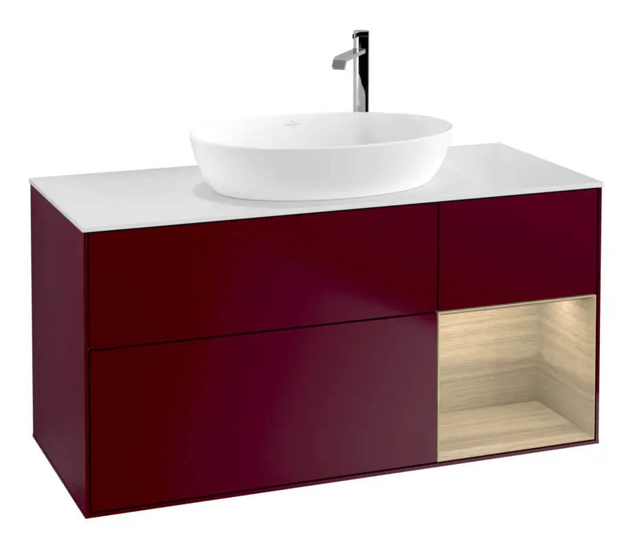 Villeroy & Boch Finion Waschbeckenunterschrank für Becken mittig Regal rechts für Artis / Collaro rund 3 Auszüge mit Beleuchtung (1x LED) 1200 x 603 x 501 mm - Peony Matt Lacquer / Oak Veneer / Glass White Matt Expressversand