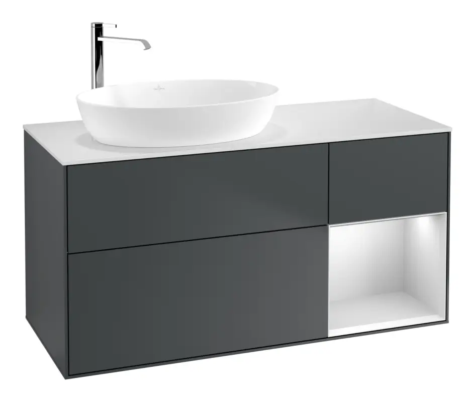 Villeroy & Boch Finion Waschbeckenunterschrank für Becken links Regal rechts für Artis / Collaro rund 3 Auszüge mit Beleuchtung (1x LED) 1200 x 603 x 501 mm - Midnight Blue Matt Lacquer / White Matt Lacquer / Glass White Matt Neue Ware