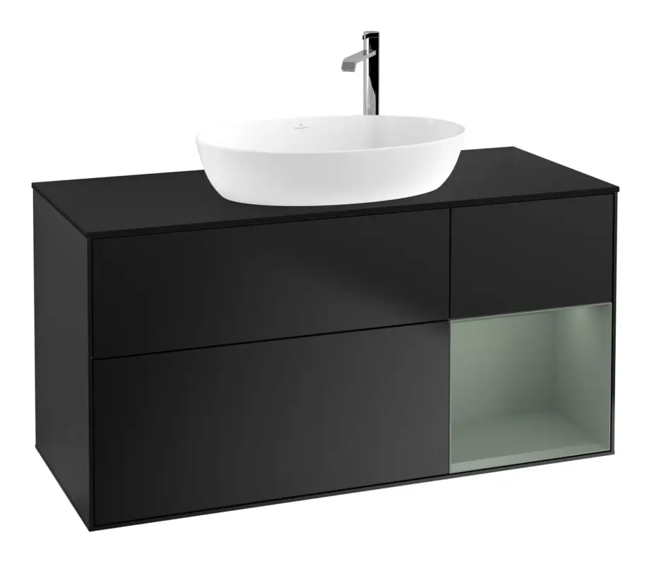 Direktkauf Villeroy & Boch Finion Waschbeckenunterschrank für Becken mittig Regal rechts für Artis / Collaro rund 3 Auszüge mit Beleuchtung (1x LED) 1200 x 603 x 501 mm - Black Matt Lacquer / Olive Matt Lacquer / Glass Black Matt