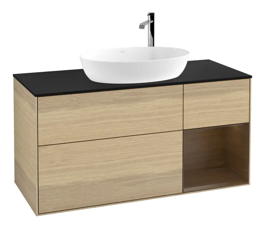 Angebot Villeroy & Boch Finion Waschbeckenunterschrank für Becken mittig Regal rechts für Artis / Collaro rund 3 Auszüge mit Beleuchtung (1x LED) 1200 x 603 x 501 mm - Oak Veneer / Walnut Veneer / Glass Black Matt