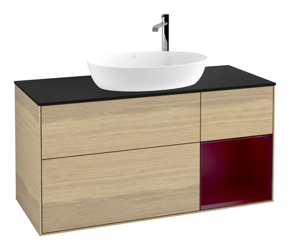 Villeroy & Boch Finion Waschbeckenunterschrank für Becken mittig Regal rechts für Artis / Collaro rund 3 Auszüge mit Beleuchtung (1x LED) 1200 x 603 x 501 mm - Oak Veneer / Peony Matt Lacquer / Glass Black Matt Finale Aktion