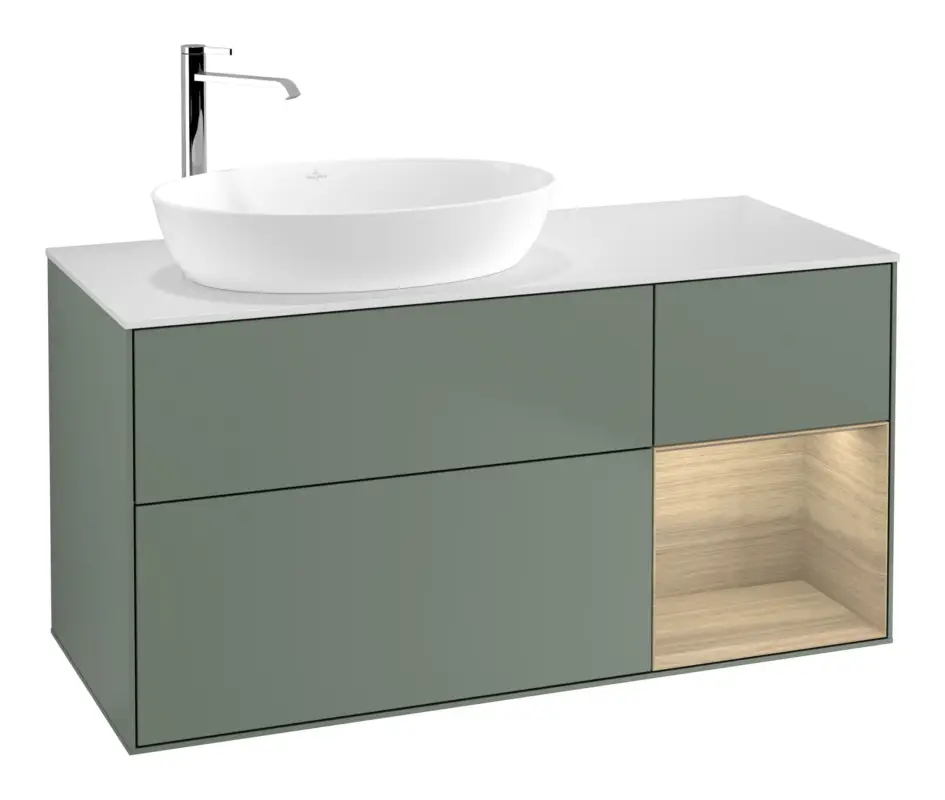 Villeroy & Boch Finion Waschbeckenunterschrank für Becken links Regal rechts für Artis / Collaro rund 3 Auszüge mit Beleuchtung (1x LED) 1200 x 603 x 501 mm - Olive Matt Lacquer / Oak Veneer / Glass White Matt Zertifiziert