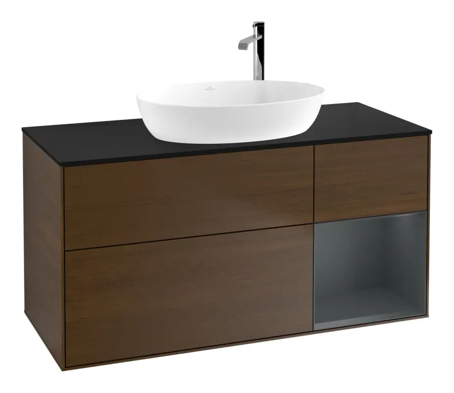 Villeroy & Boch Finion Waschbeckenunterschrank für Becken mittig Regal rechts für Artis / Collaro rund 3 Auszüge mit Beleuchtung (1x LED) 1200 x 603 x 501 mm - Walnut Veneer / Midnight Blue Matt Lacquer / Glass Black Matt Expressversand
