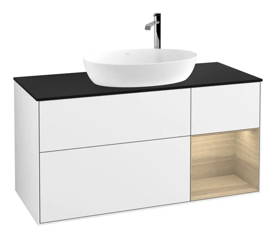 Villeroy & Boch Finion Waschbeckenunterschrank für Becken mittig Regal rechts für Artis / Collaro rund 3 Auszüge mit Beleuchtung (1x LED) 1200 x 603 x 501 mm - Glossy White Lacquer / Oak Veneer / Glass Black Matt Billig