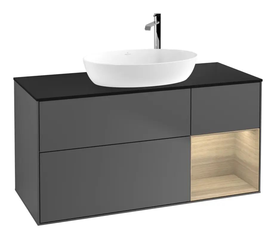 Villeroy & Boch Finion Waschbeckenunterschrank für Becken mittig Regal rechts für Artis / Collaro rund 3 Auszüge mit Beleuchtung (1x LED) 1200 x 603 x 501 mm - Anthracite Matt Lacquer / Oak Veneer / Glass Black Matt Schnäppchen
