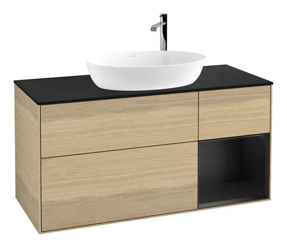 Neue Kollektion Villeroy & Boch Finion Waschbeckenunterschrank für Becken mittig Regal rechts für Artis / Collaro rund 3 Auszüge mit Beleuchtung (1x LED) 1200 x 603 x 501 mm - Oak Veneer / Black Matt Lacquer / Glass Black Matt