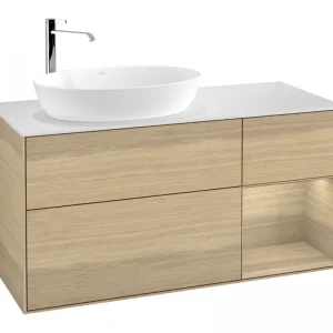 Abverkauf Villeroy & Boch Finion Waschbeckenunterschrank für Becken links Regal rechts für Artis / Collaro rund 3 Auszüge mit Beleuchtung (1x LED) mit Hahnloch 1200 x 603 x 501 mm - Oak Veneer / Oak Veneer / Glass White Matt