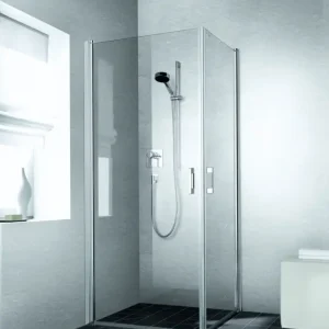 Kermi Liga Eckeinstieg Halbteil mit Pendeltür 1-flügelig Klarglas hell Silber Hochglanz 90 cm x 200 cm Anschlag rechts Montage auf Duschwanne Super-Preis