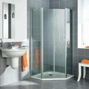 Angebot Kermi Ibiza 2000 Fünfeckdusche mit Pendeltüren Milchglas SR Opaco Silber Mattglanz 90 x 90 cm x 200 cm Frontelemente 49 cm Montage auf Duschwanne oder bodengleich