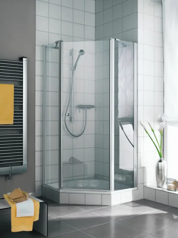 Knallerangebot Kermi Ibiza 2000 Fünfeckdusche mit Schwingtür Milchglas SR Opaco Silber Mattglanz 85,5 x 85,5 cm x 185 cm Frontelemente 52 cm Anschlag rechts Montage auf Duschwanne oder bodengleich