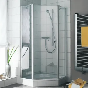 Kermi Ibiza 2000 Fünfeckdusche mit Schwingtür Milchglas SR Opaco KermiClean Silber Mattglanz 90 x 90 cm x 185 cm Frontelemente 40 cm Anschlag links Montage auf Duschwanne oder bodengleich Super-Preis