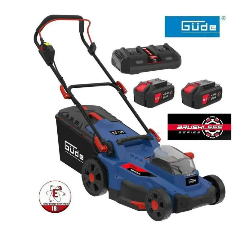 Neue Kollektion GÜDE Akku Rasenmäher RM 36/37 Brushless mit 2 x Akku 4.0 Ah und Doppelladegerät