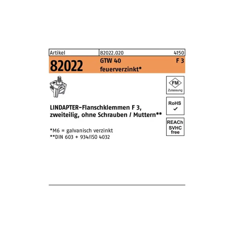Lindapter Flanschklemme R 82022 GTW 40 F 3 M 16 / 55 feuerverzinkt 1 Stück Knallerangebot
