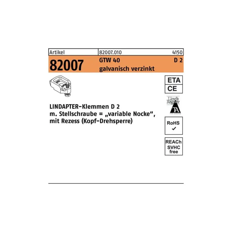 Lindapter Klemmen R 82007 GTW 40 D2 M 10 / 10 - 20 galvanisch verzinkt 1 Stück Neu Im Sortiment